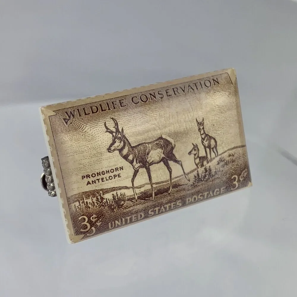 1956 Pronghorn Antelope US Postage Stamp Tie Clip Bar Wildlife Vintage